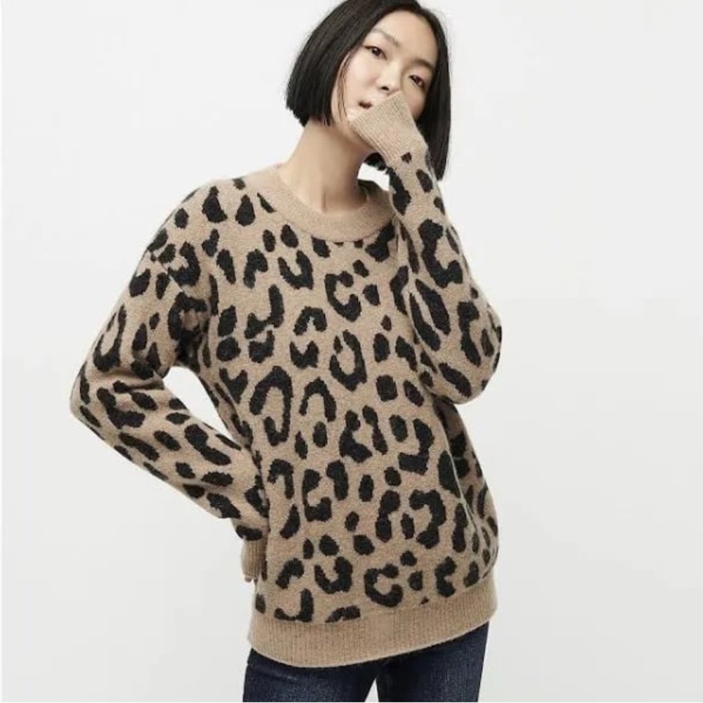 J. CREW Leopard Print Crewneck Sweater In Heather Mushroom Black